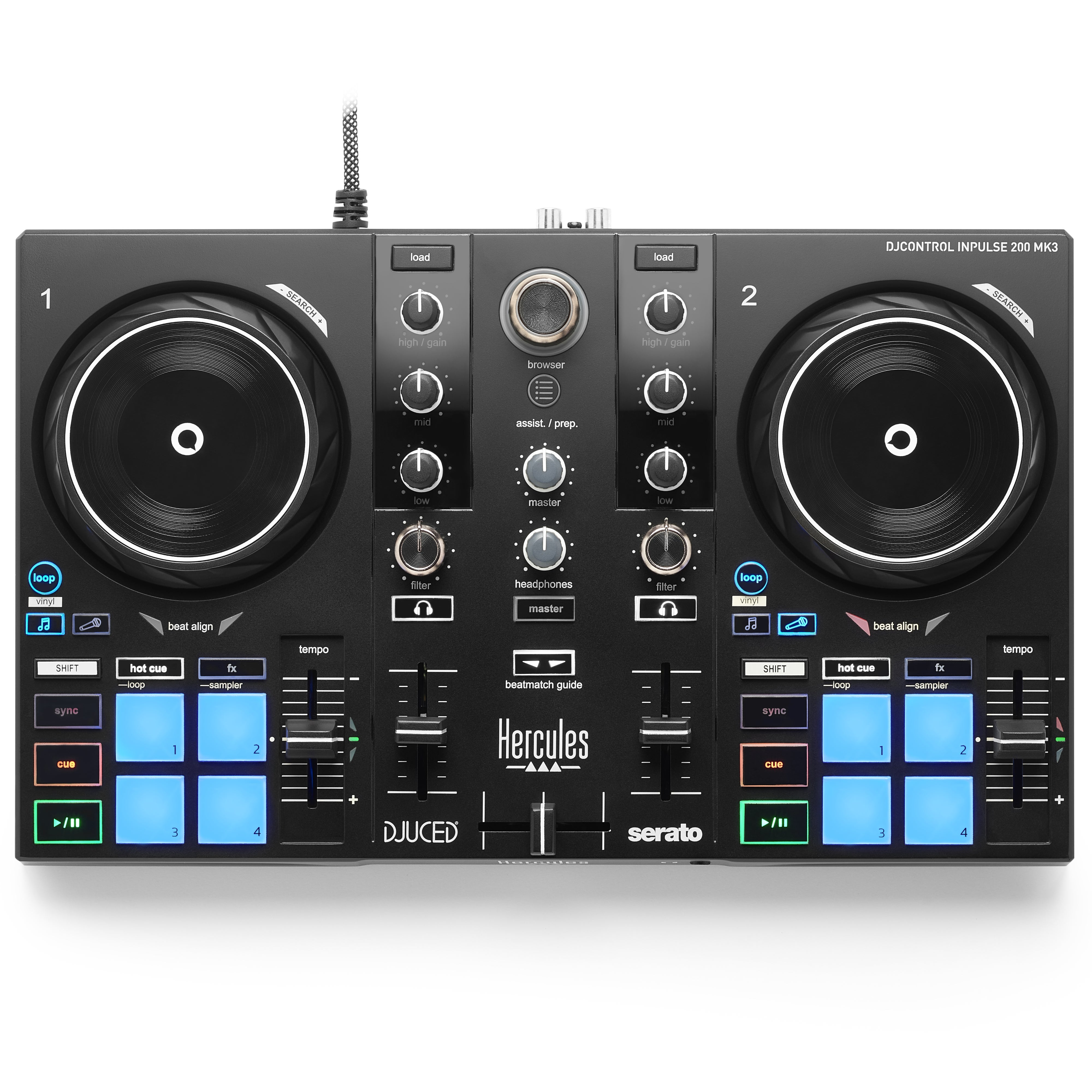 Un controlador DJ Hercules DJControl Inpulse 200 MK3 negro con dos decks y jog wheels.