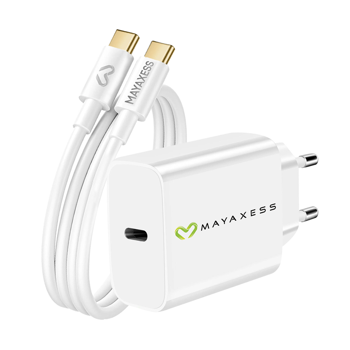 Caricabatterie e cavo USB-C bianchi con connettori dorati e logo del marchio.