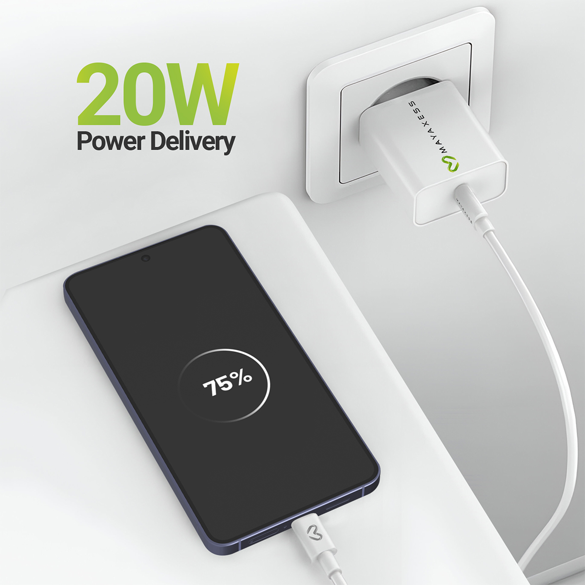Uno smartphone in carica con 20W Power Delivery. Mostra 75%.