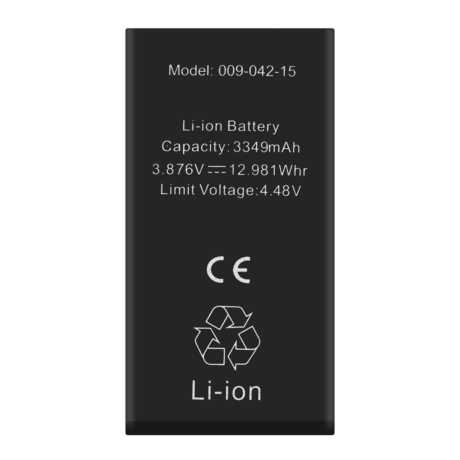 Batteria nera agli ioni di litio con numero di modello, capacità e tensione.