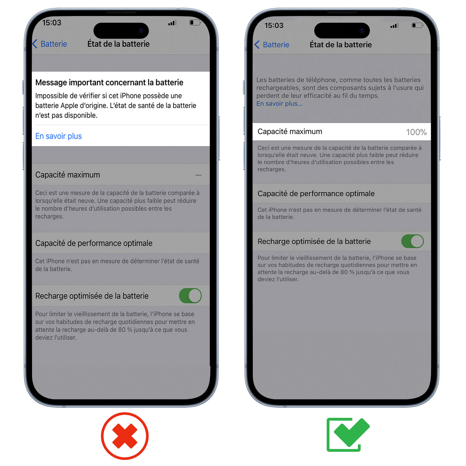 Due iPhone mostrano lo stato della batteria. Uno ha un avviso.