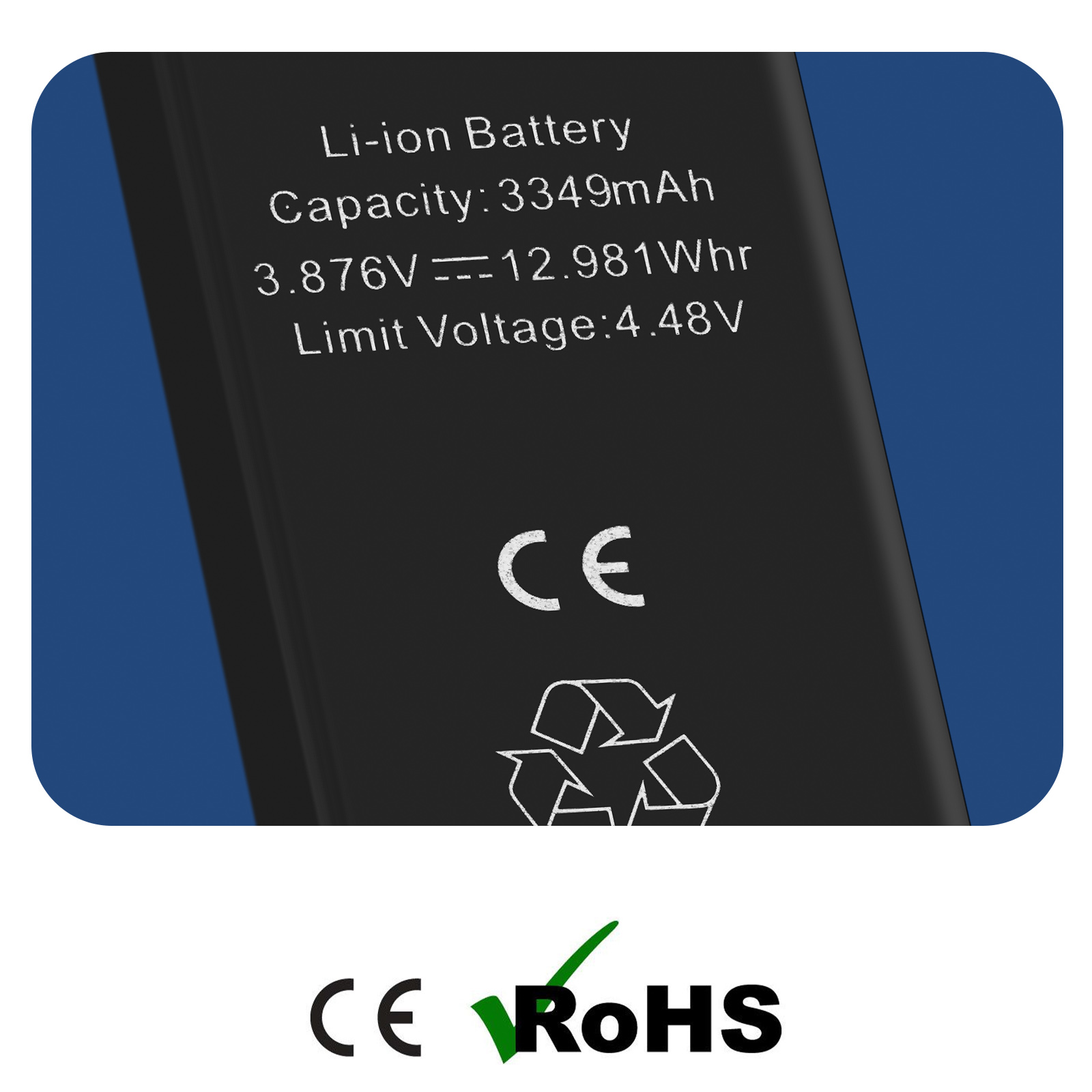 Batteria Li-ion 3349mAh, 3.876V, 12.981Whr, tensione limite 4.48V.