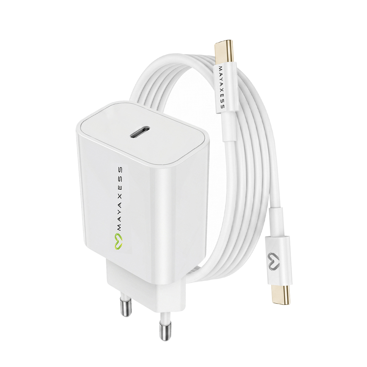 Un caricabatterie e cavo USB-C bianco con logo a cuore.