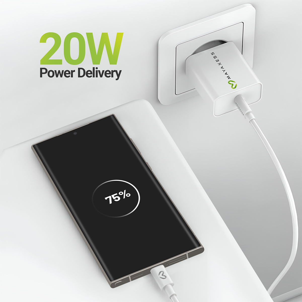 Uno smartphone si sta caricando con un adattatore da 20W. Lo schermo mostra il 75%.