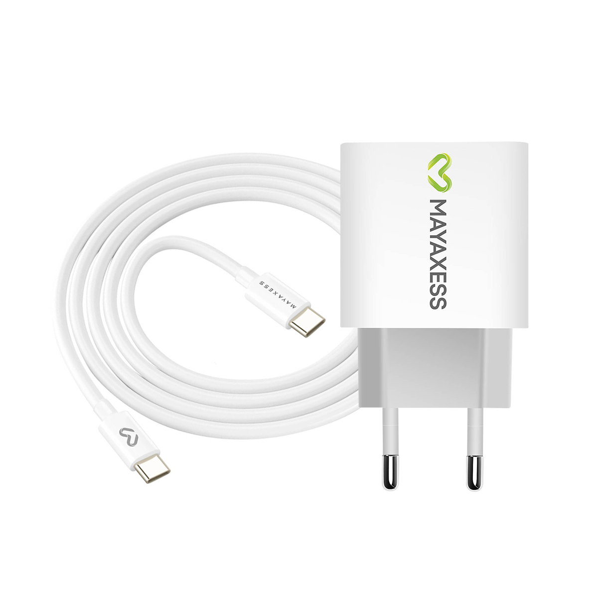 Un caricabatterie e cavo USB-C bianco MAYAXESS su sfondo bianco.