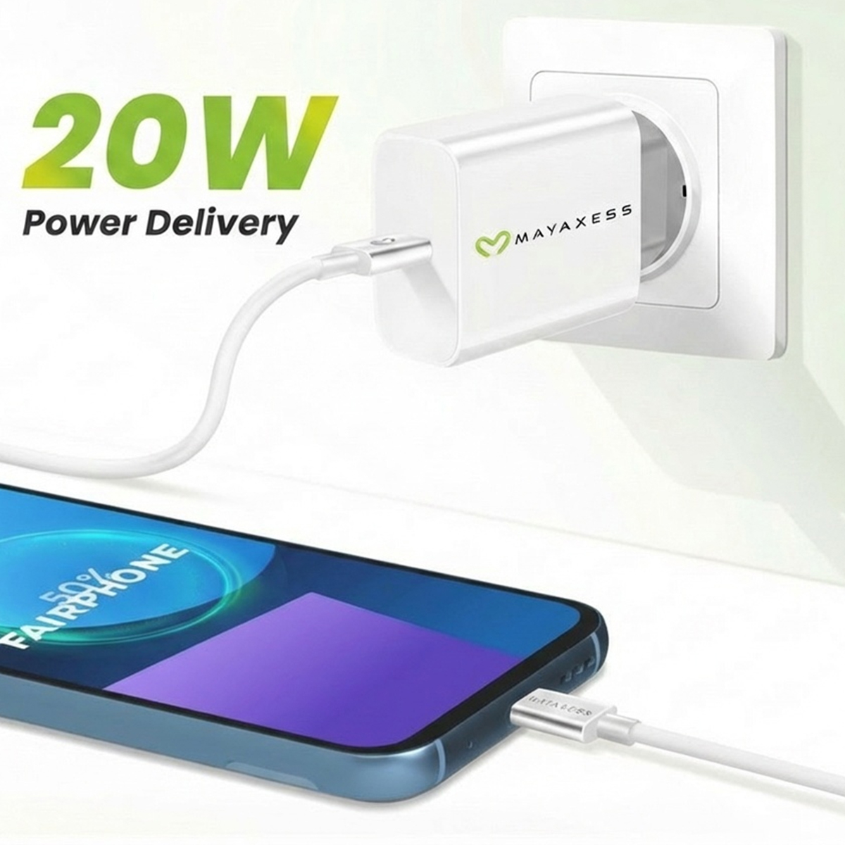 Un adaptateur secteur blanc 20W charge un smartphone à 50%.