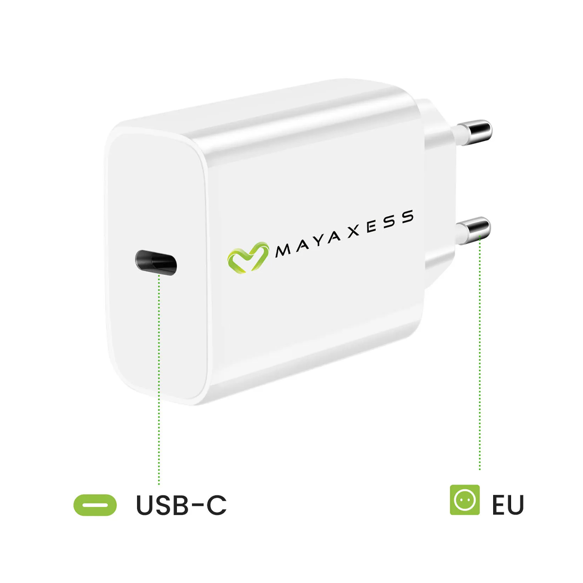 Un adattatore USB-C bianco con spina EU e logo MAYAXESS.