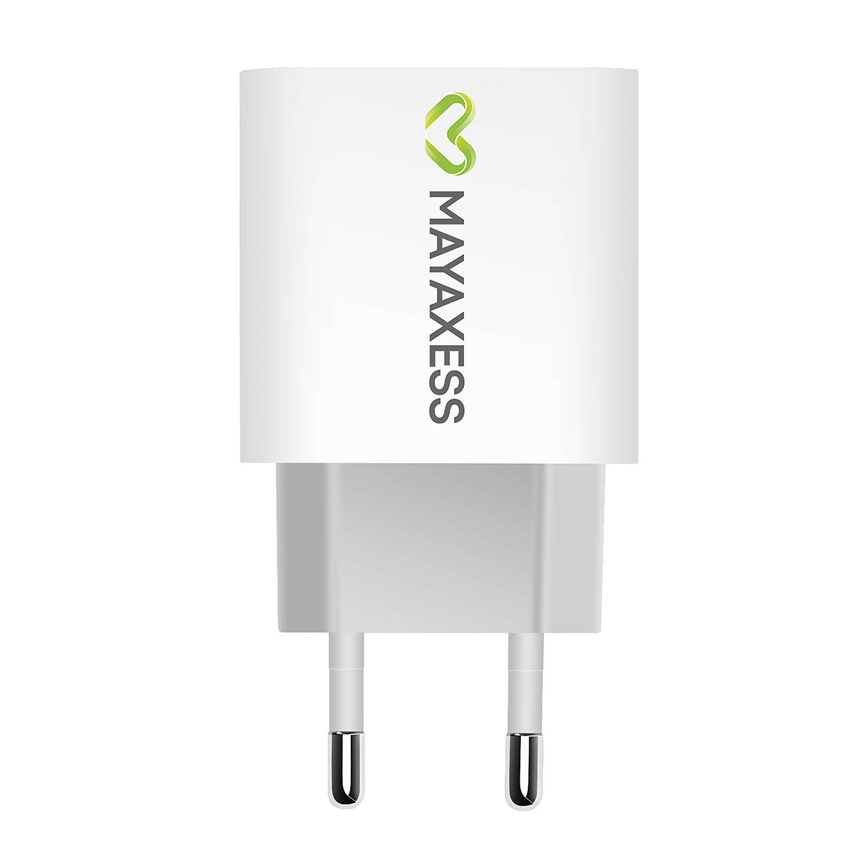 Un adaptateur blanc MAYAXESS avec deux broches et un logo vert.