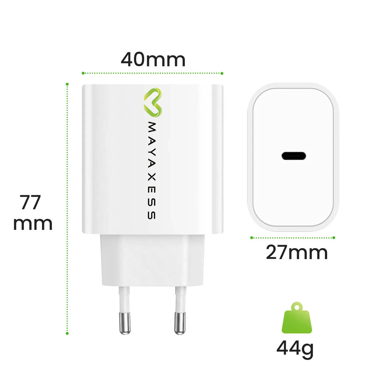 Adattatore di alimentazione bianco con dimensioni (77mm, 40mm, 27mm) e peso (44g).