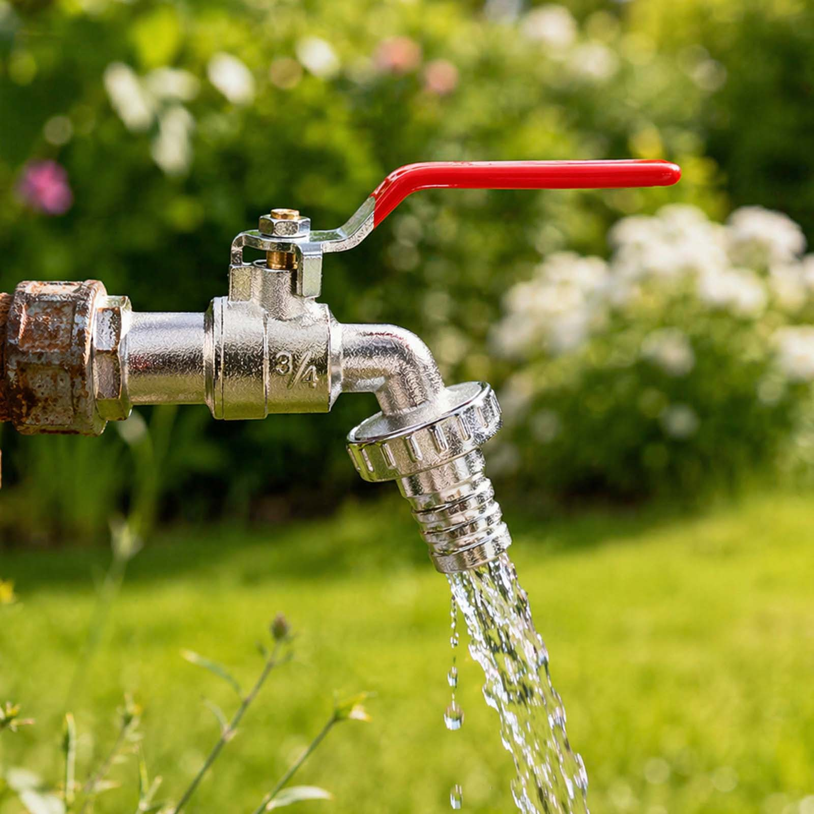 Ein Gartenschlauch mit rotem Griff tropft Wasser auf einen grünen Rasen.