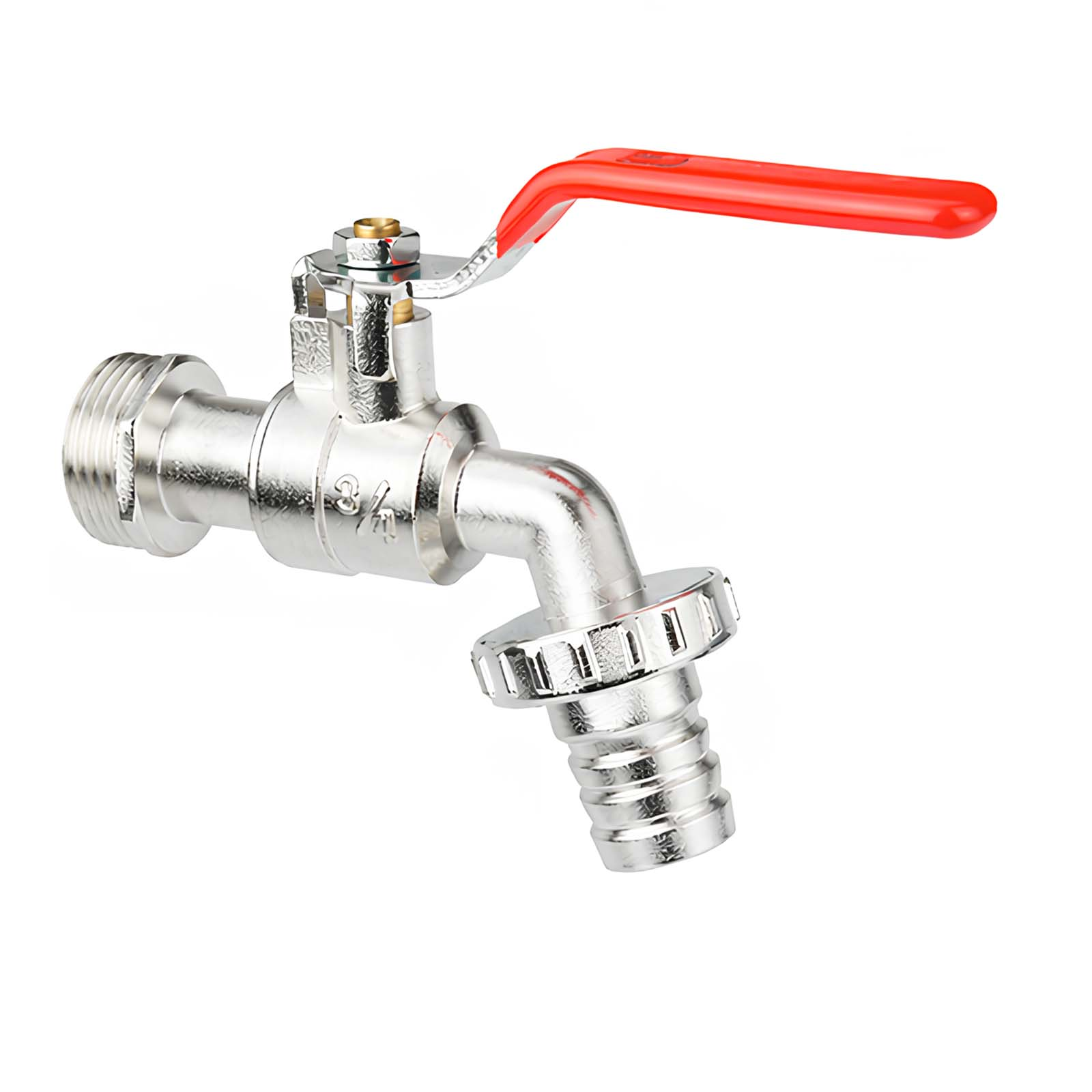 Ein silberner Wasserhahn mit rotem Griff, 3/4 Zoll groß, für Schläuche.