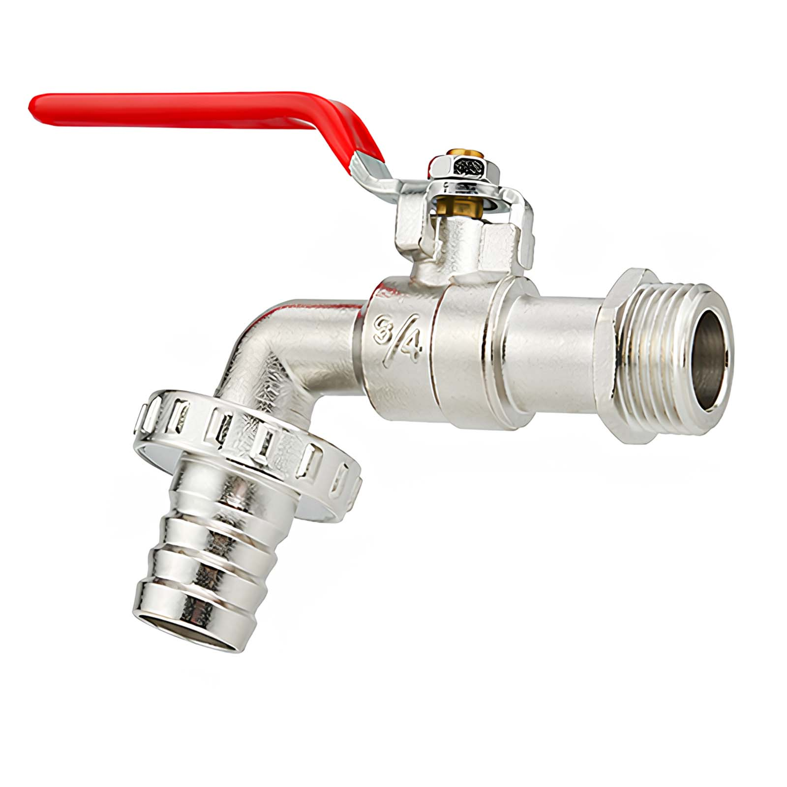 Ein silberner Wasserhahn mit rotem Hebel und 3/4-Zoll-Markierung.