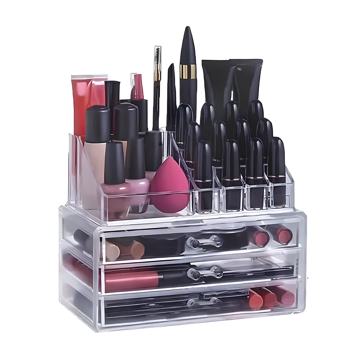 Ein transparenter Make-up-Organizer mit drei Schubladen, gefüllt mit Lippenstiften, Nagellacken und Pinseln.