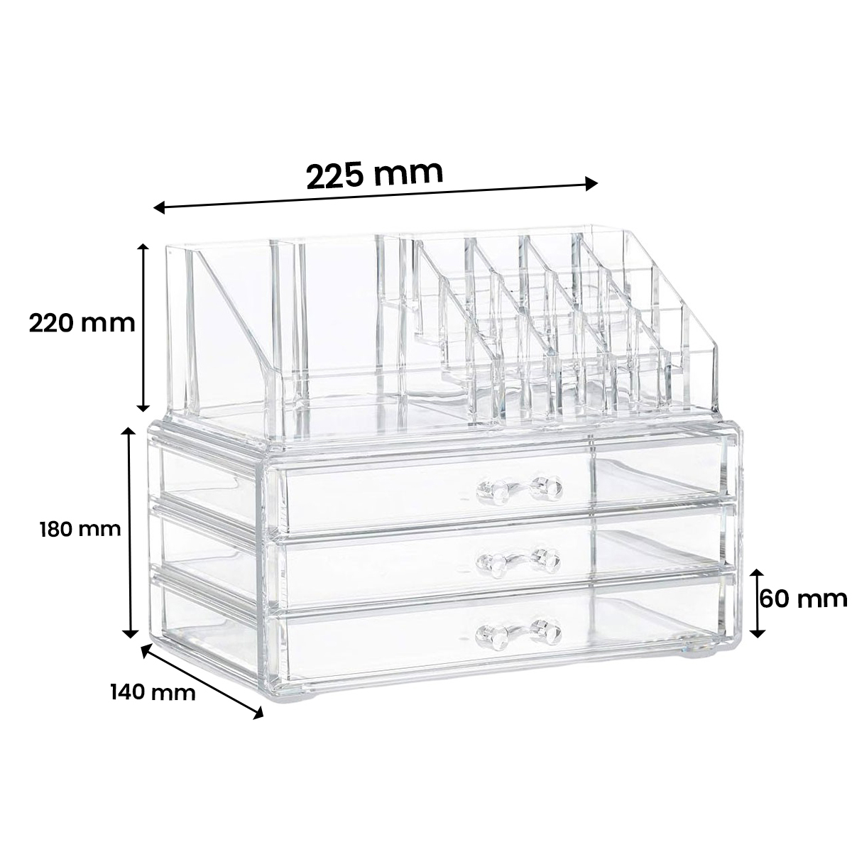 Ein klarer Kosmetikorganizer mit 3 Schubladen und vielen Fächern oben.