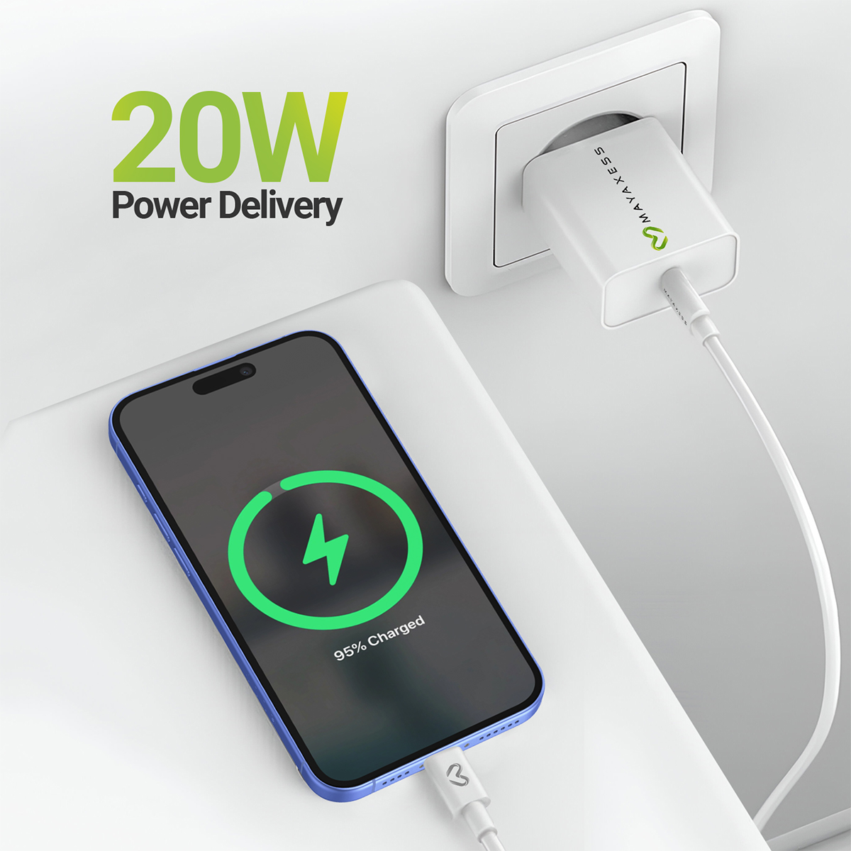 Uno smartphone blu si sta caricando al 95%. Un adattatore bianco è collegato al muro.
