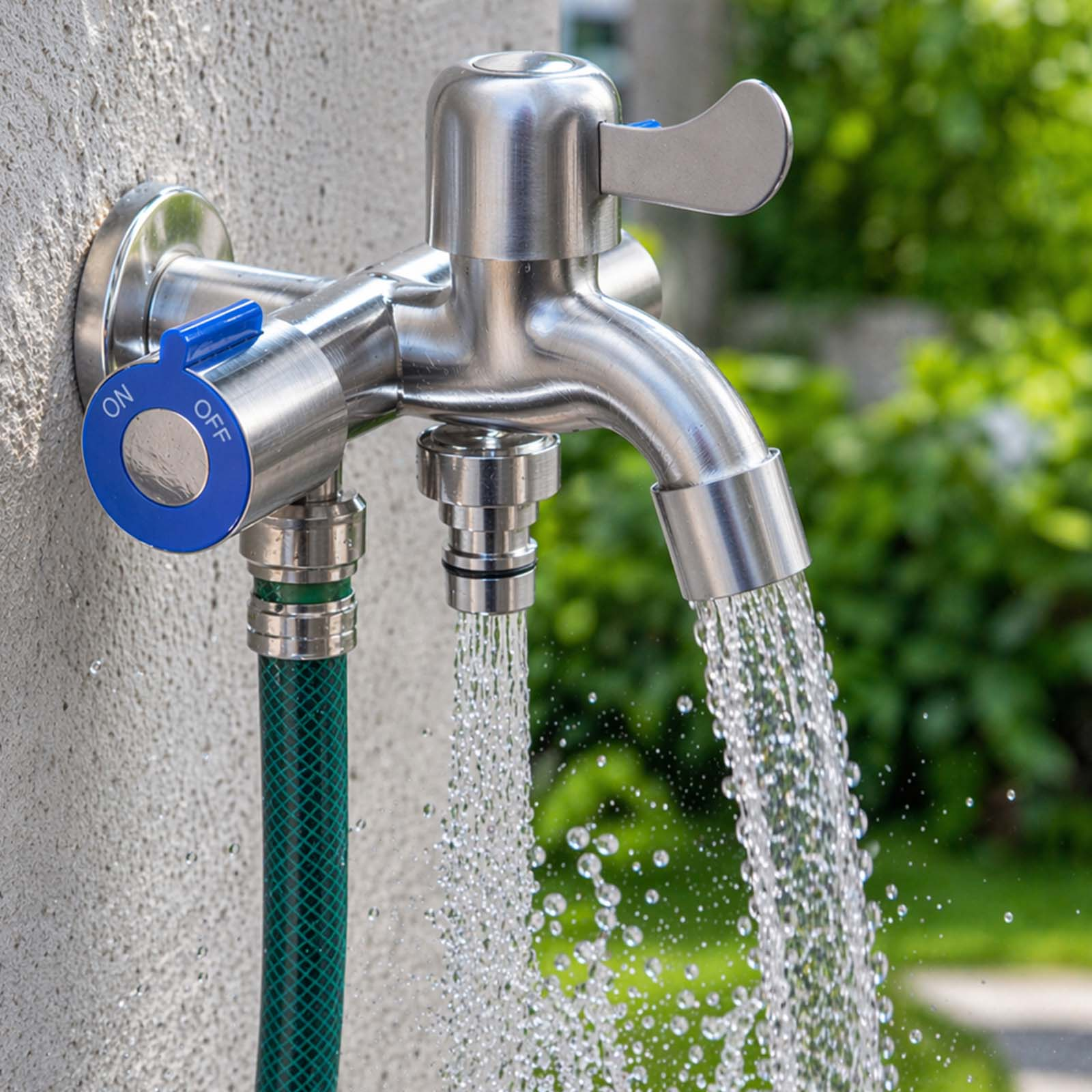 Ein silberner Wasserhahn mit zwei Ausläufen, Wasser fließt aus beiden.