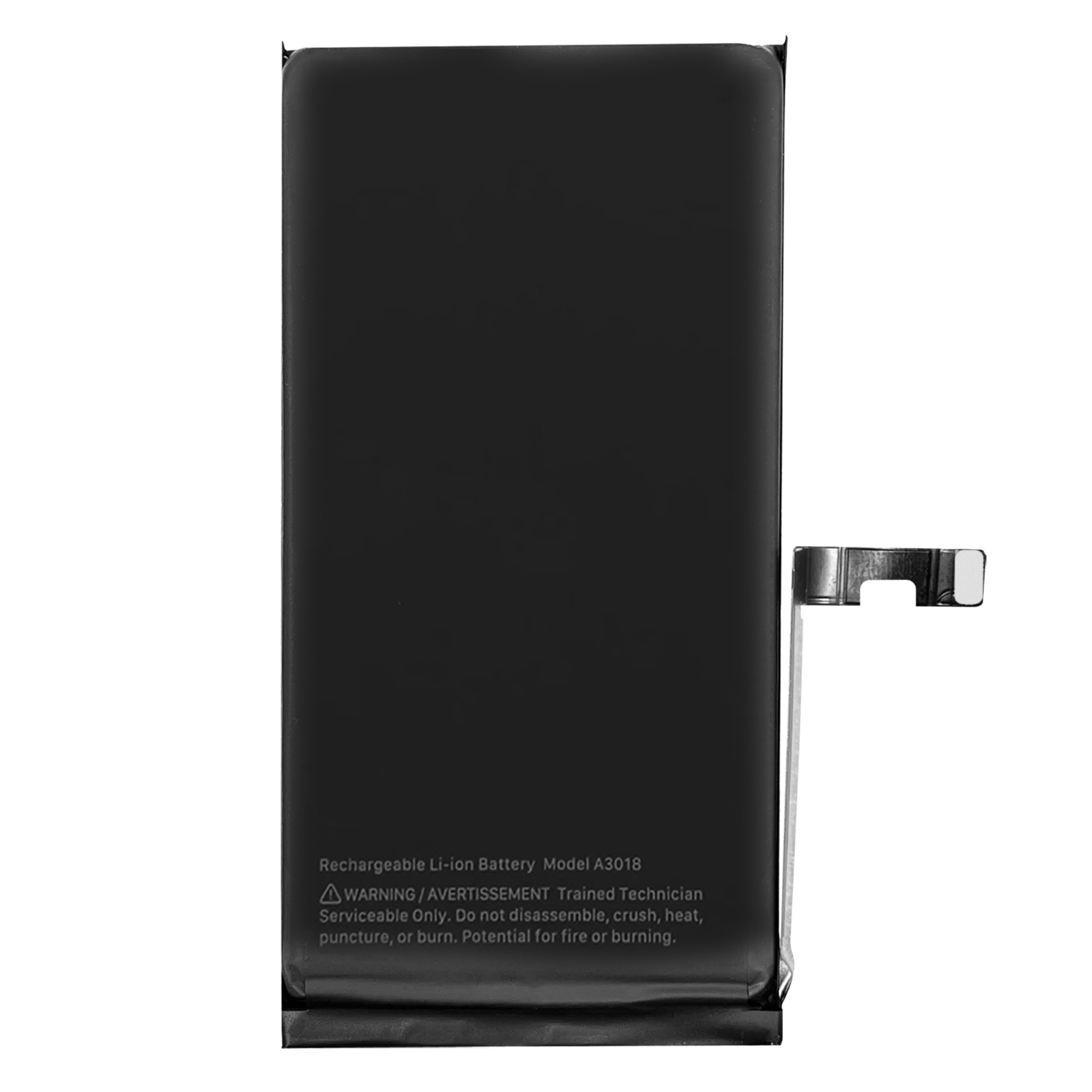 Batteria nera agli ioni di litio, modello A3018, con etichette di avvertenza.
