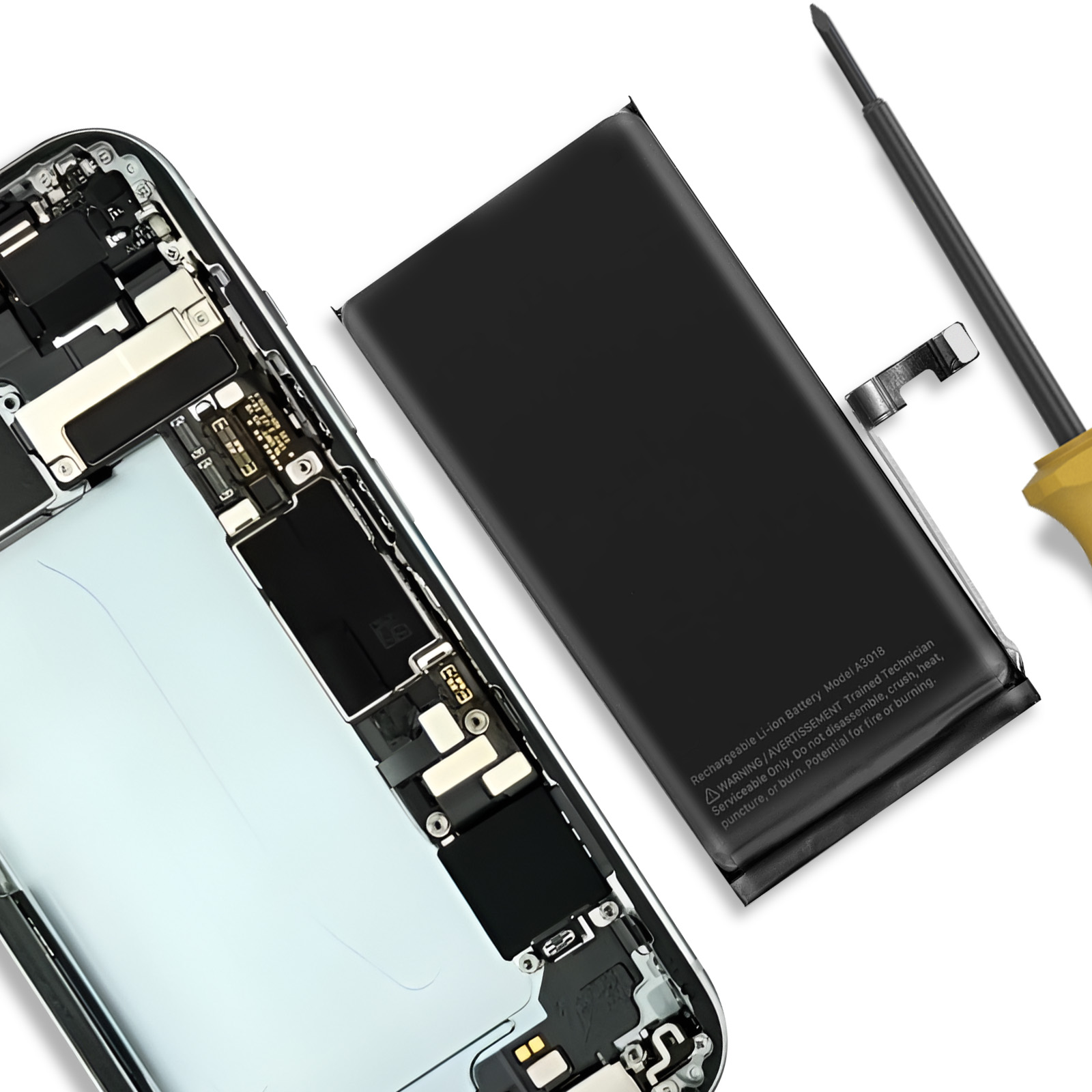 Uno smartphone con la batteria rimossa, un attrezzo e una batteria di ricambio.