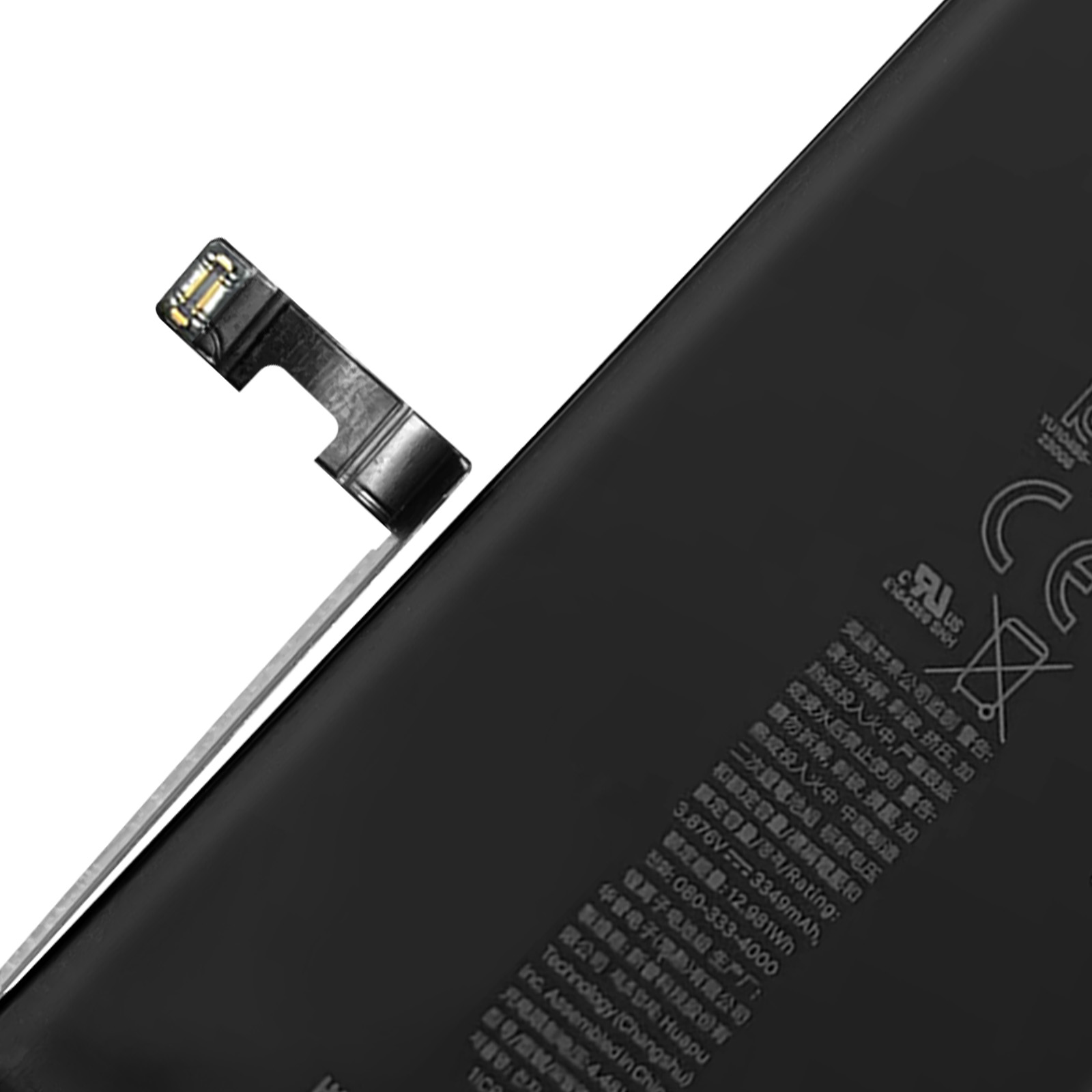 Batteria nera con cavo di collegamento ed etichette di avvertenza.