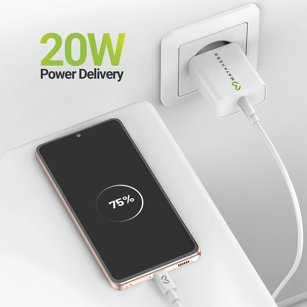 Uno smartphone si carica con 20W Power Delivery. 75% batteria.