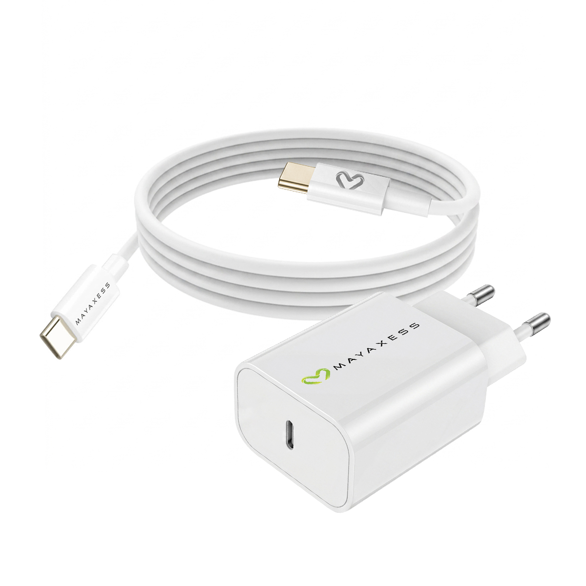 Un caricatore USB-C bianco con cavo, logo a forma di cuore.
