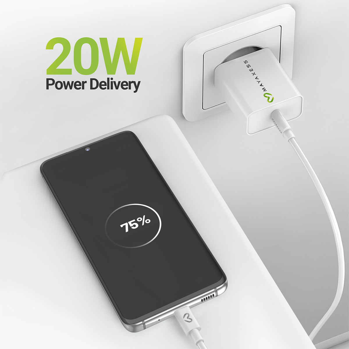 Uno smartphone mostra il 75% di carica mentre è collegato a un adattatore da 20W.