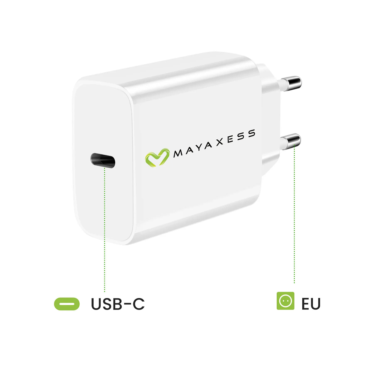 Un caricatore USB-C bianco con spine UE e logo MAYAXESS.