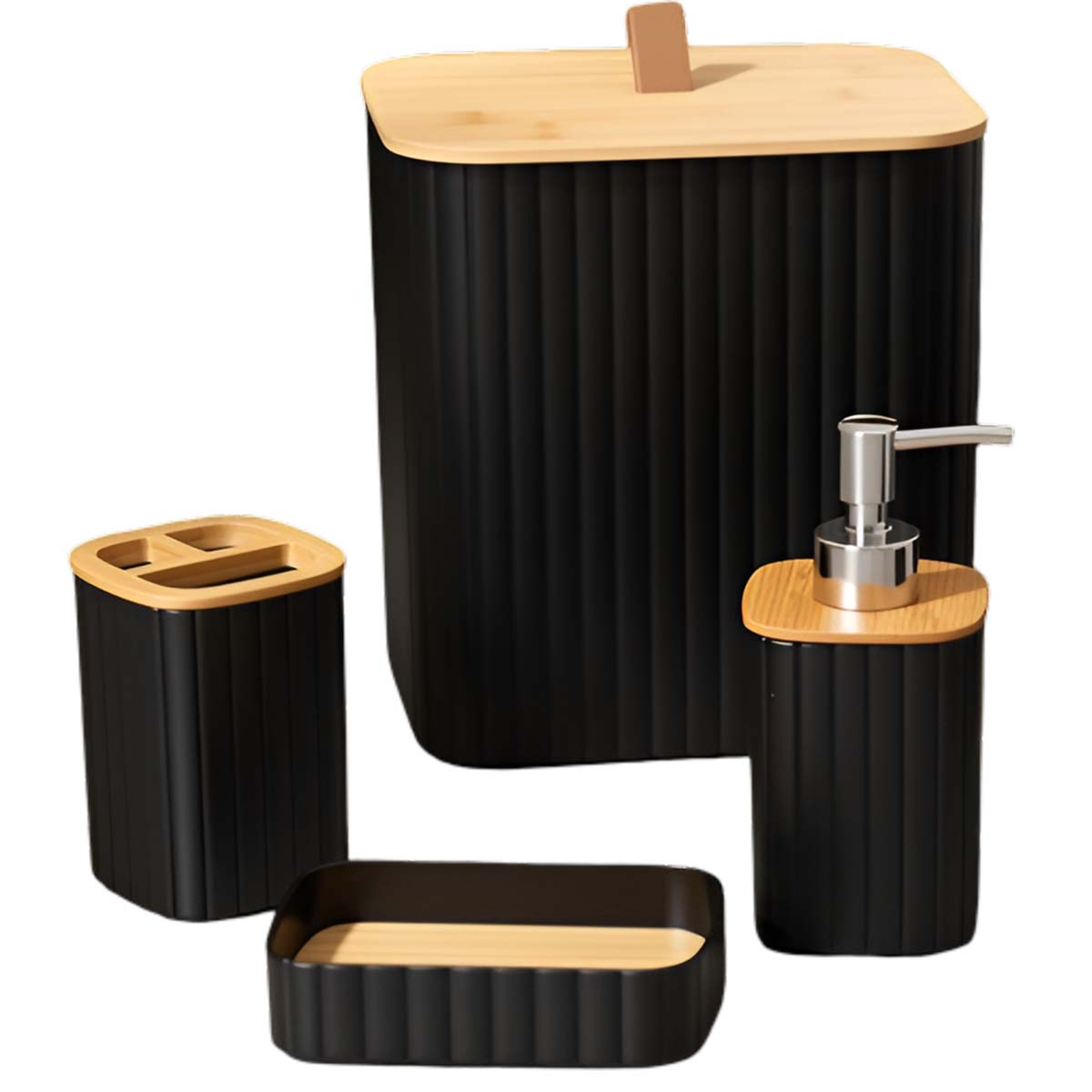 Schwarzes Badezimmer-Set mit Holzdeckeln: Seifenspender, Behälter, Behälter und Behälter.
