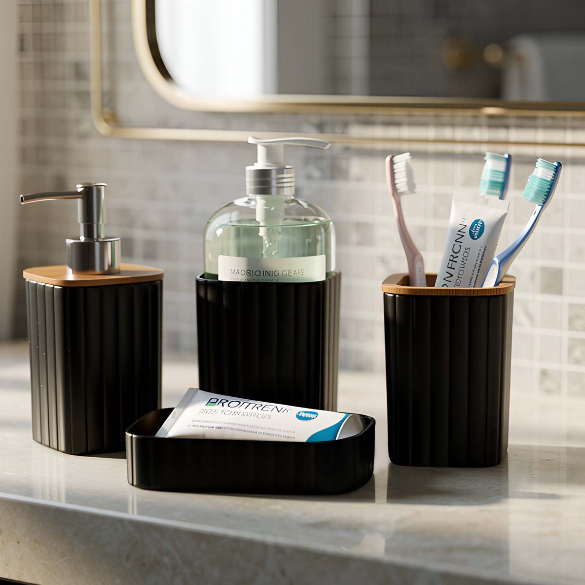 Badezimmer-Accessoires: schwarze Seifenspender, Seifenschale, Zahnbürstenhalter mit Zahnbürsten.