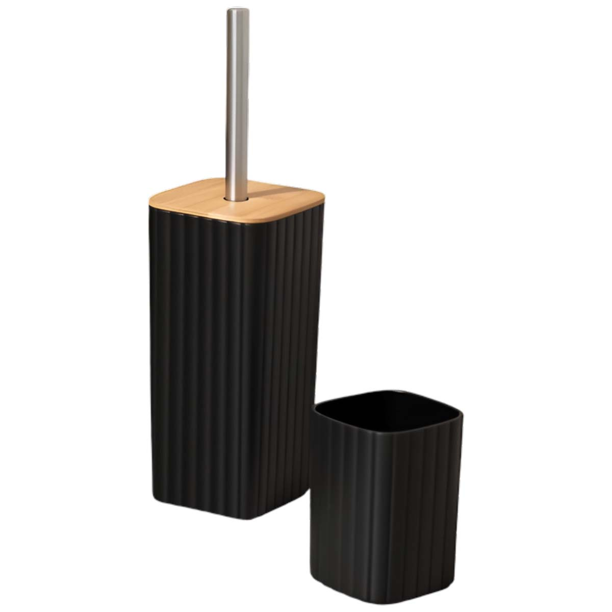 Schwarzer Toilettenbürstenhalter mit Holzboden und Metallgriff daneben.