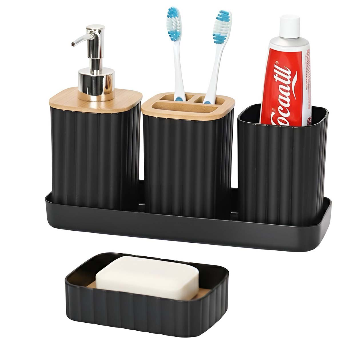 Ein schwarzes Badezimmer-Set mit Seifenspender, Zahnbürstenhalter und Zahnpastatube.