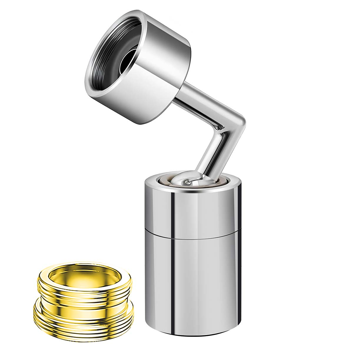 Chrom-Wasserhahnerweiterung mit goldfarbenem Adapterring auf weißem Grund.