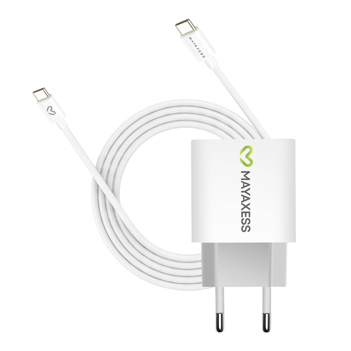 Un caricabatterie USB-C bianco con cavo bianco su sfondo bianco.