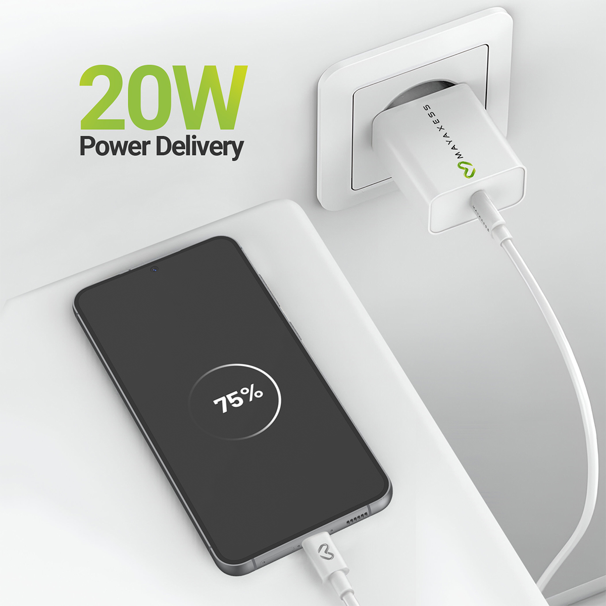 Uno smartphone si sta caricando con un adattatore da 20W. Mostra 75%.