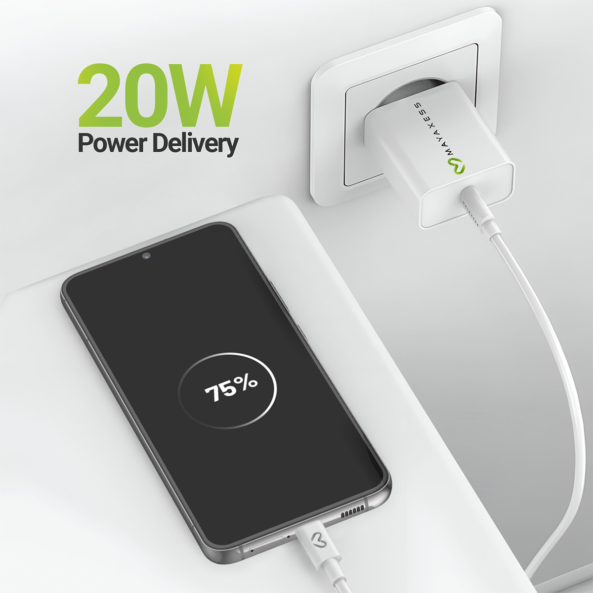 Uno smartphone si carica con un adattatore da 20W. Lo schermo mostra il 75%.