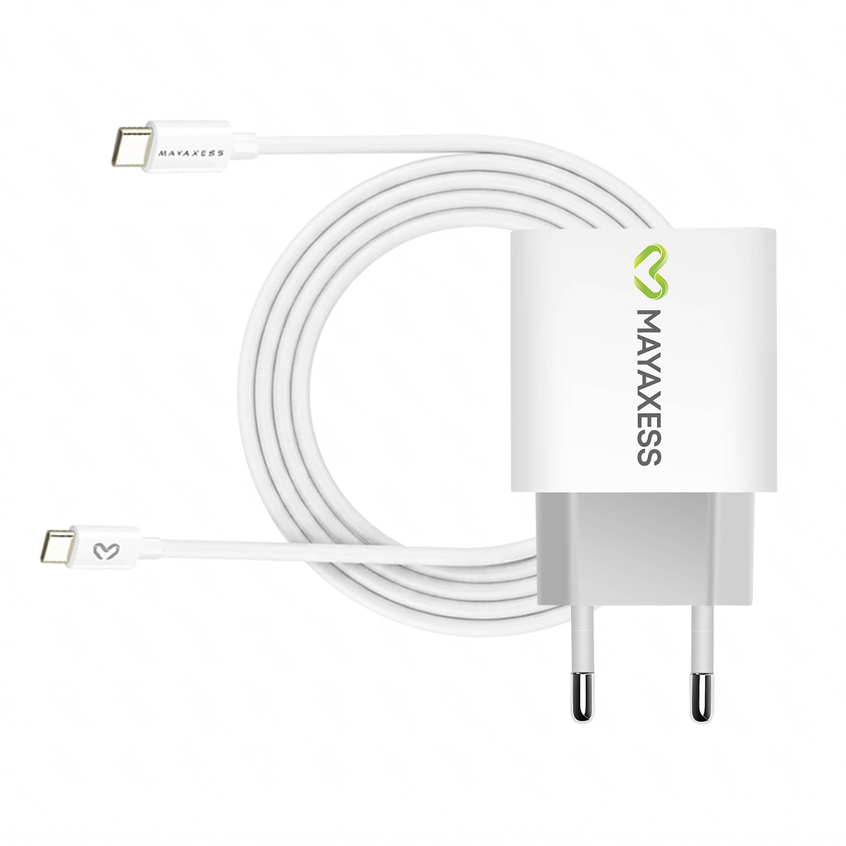 Un caricatore USB-C bianco con cavo e spina.