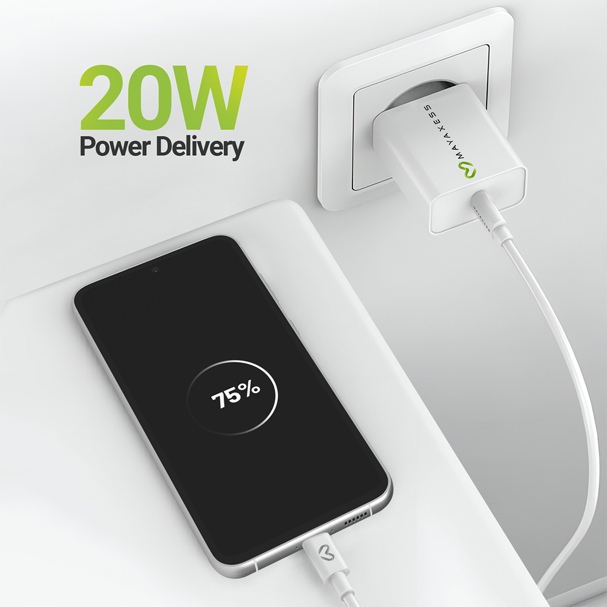 Un caricatore bianco 20W Power Delivery carica uno smartphone al 75%.
