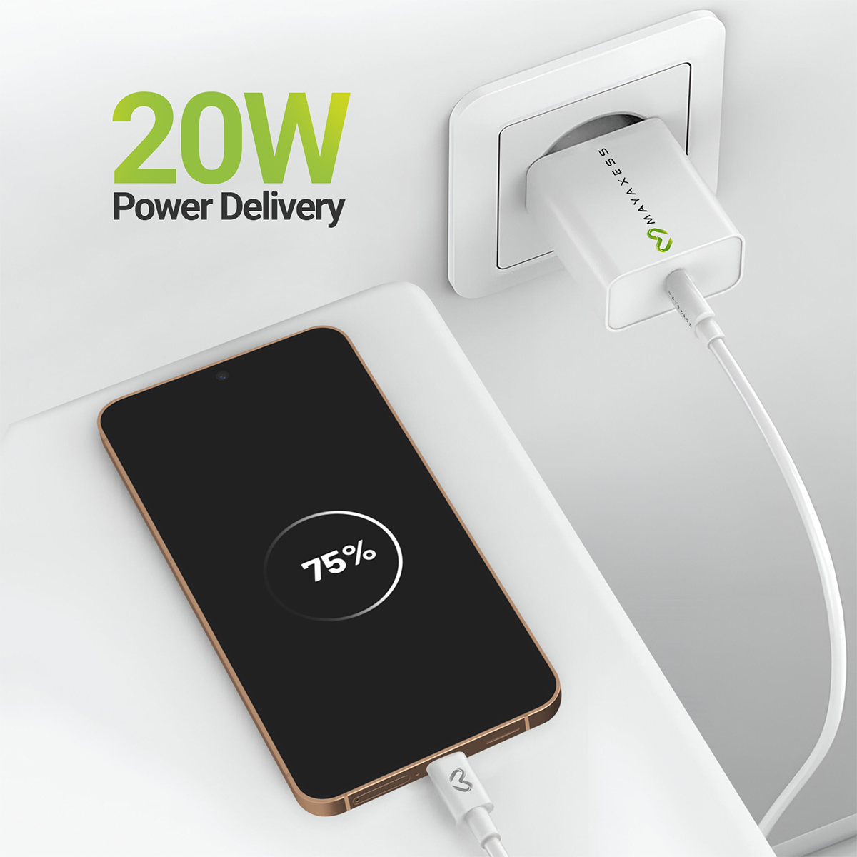 Uno smartphone viene caricato a 20W di potenza. Lo schermo mostra il 75%.