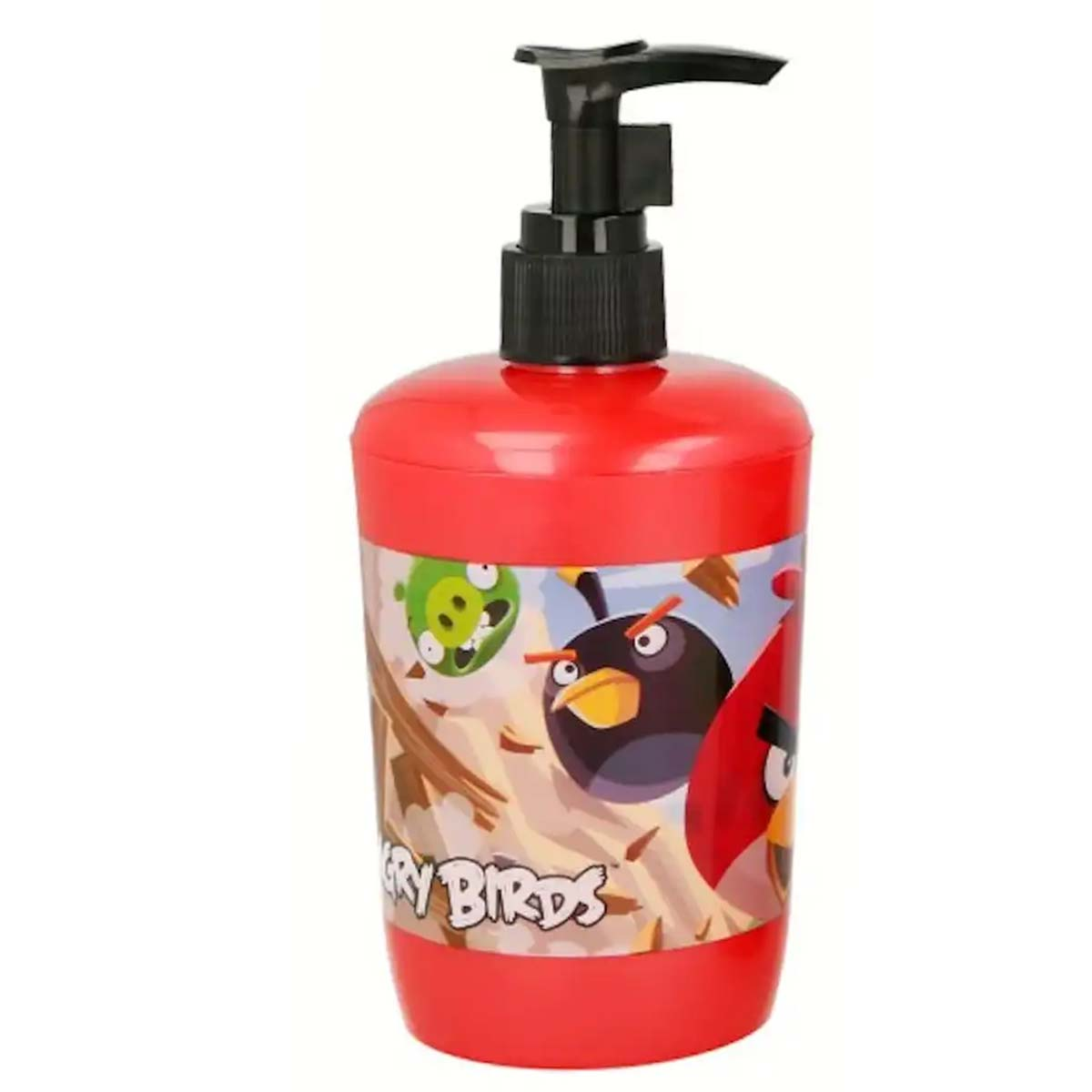 Rote Seifenspenderflasche mit Angry Birds-Motiv und schwarzem Pumpkopf.