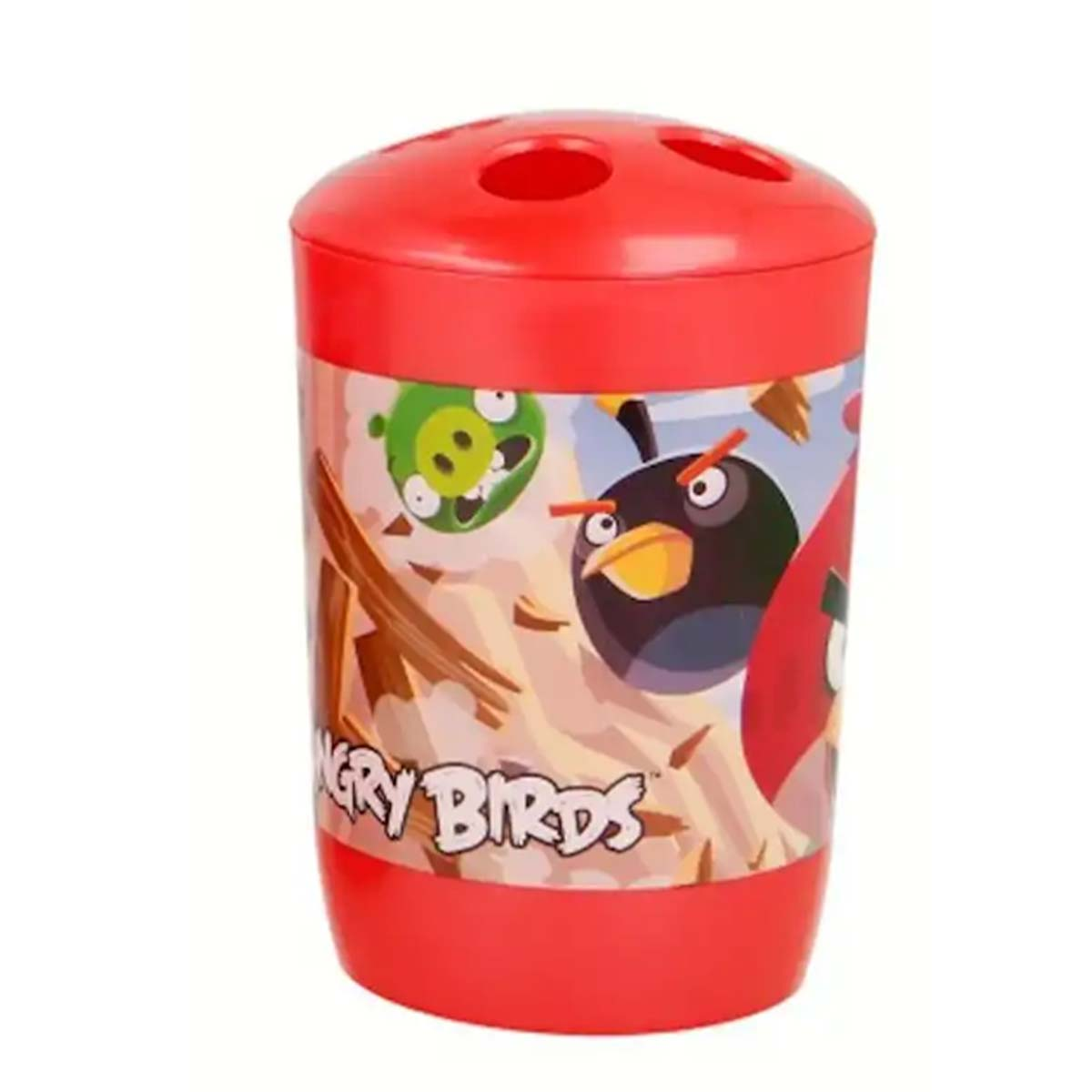 Roter Becher mit Angry Birds Motiv, mit Schweinen und schwarzen Vögeln.