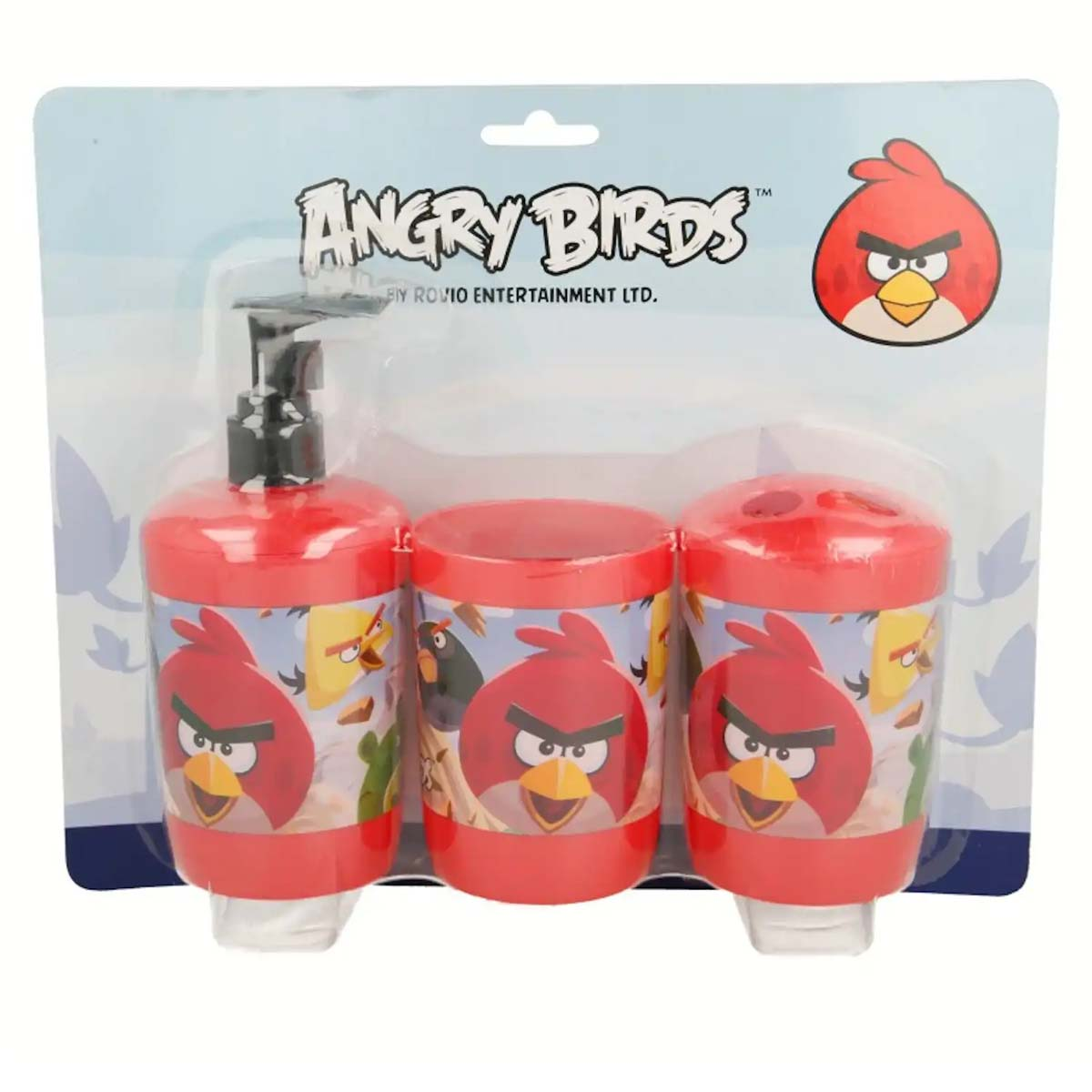 Rot-Set mit Angry Birds-Motiv: Seifenspender, Becher und Zahnbürstenhalter.