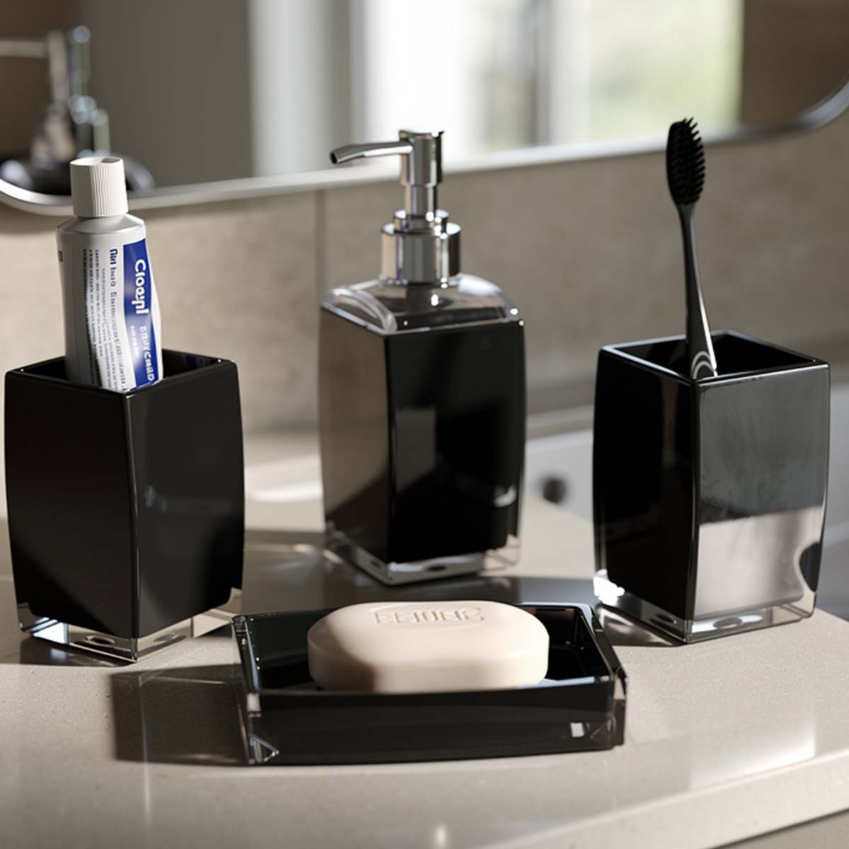 Schwarzes Badezimmer-Set: Seifenschale mit Seife, Zahnbürstenhalter, Spender, Zahnpasta.