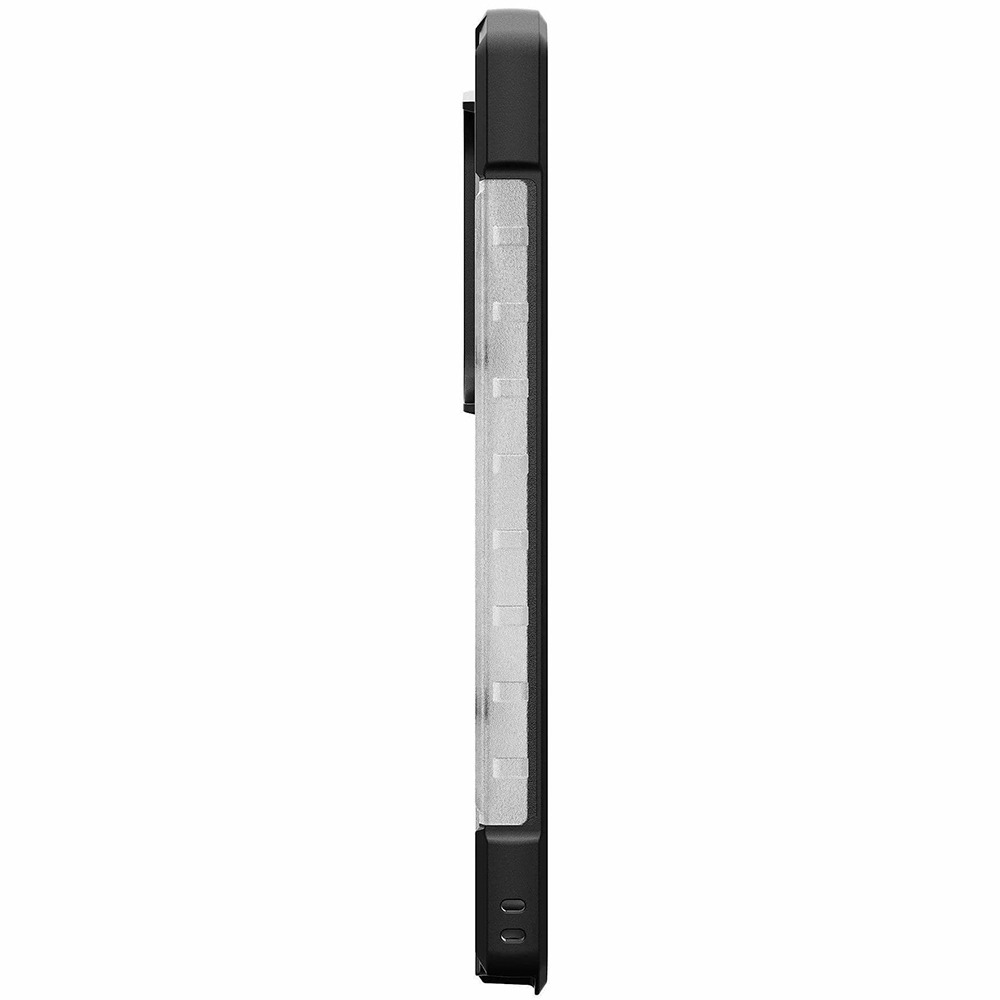 Schwarzes Handyhülle mit transparentem, texturiertem Rückenteil und Knopfdetails.