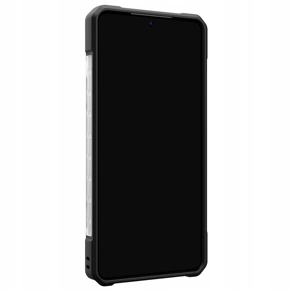 Ein schwarzes Smartphone mit Schutzhülle, von der Seite betrachtet. Der Bildschirm ist schwarz.
