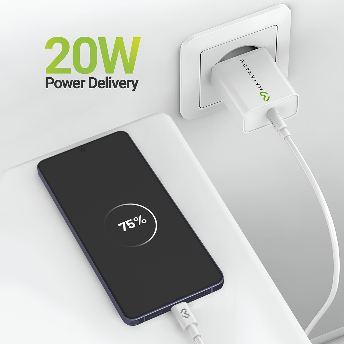 Un alimentatore bianco con testo 20W Power Delivery carica uno smartphone.
