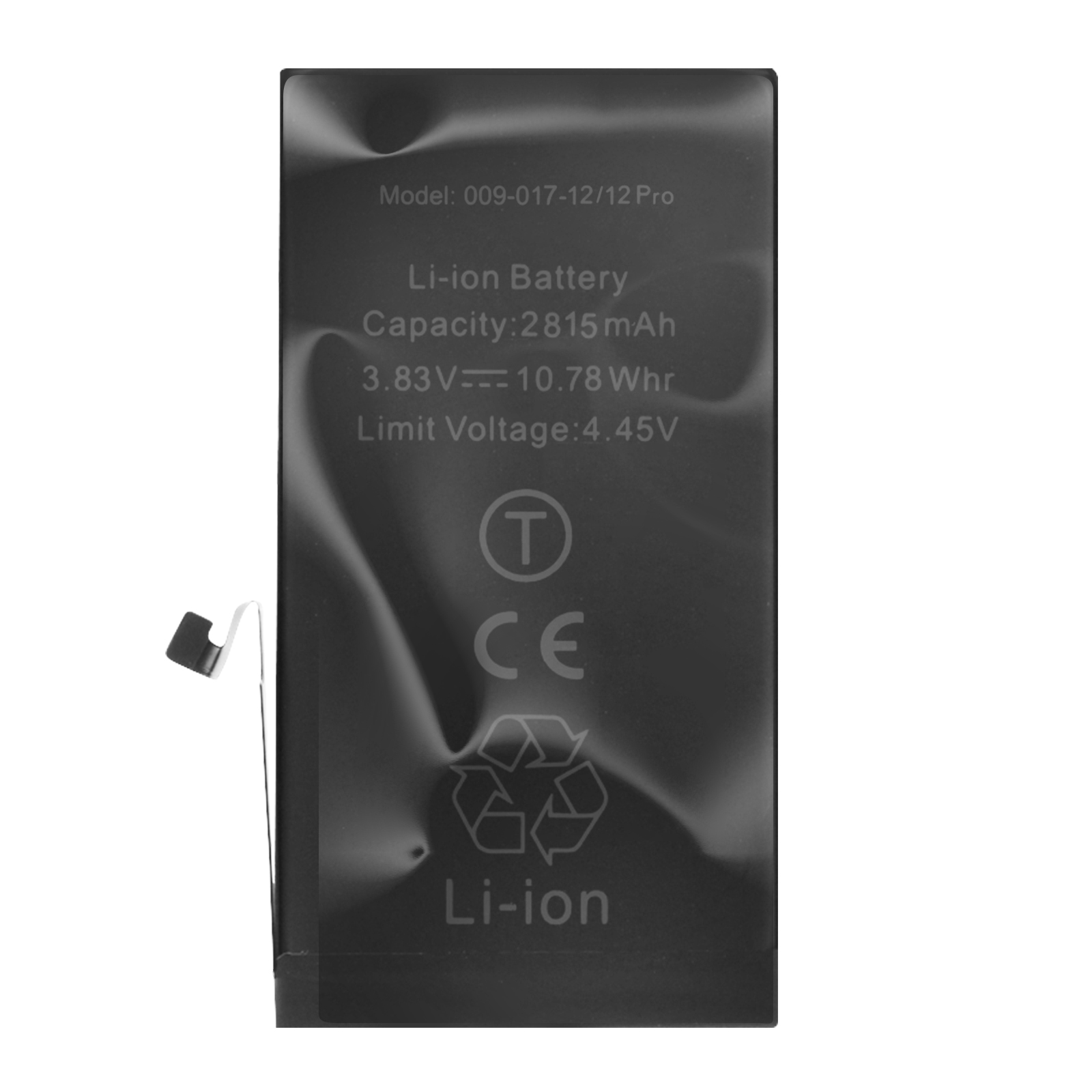 Una batteria Li-ion nera con numero modello, capacità e tensione.