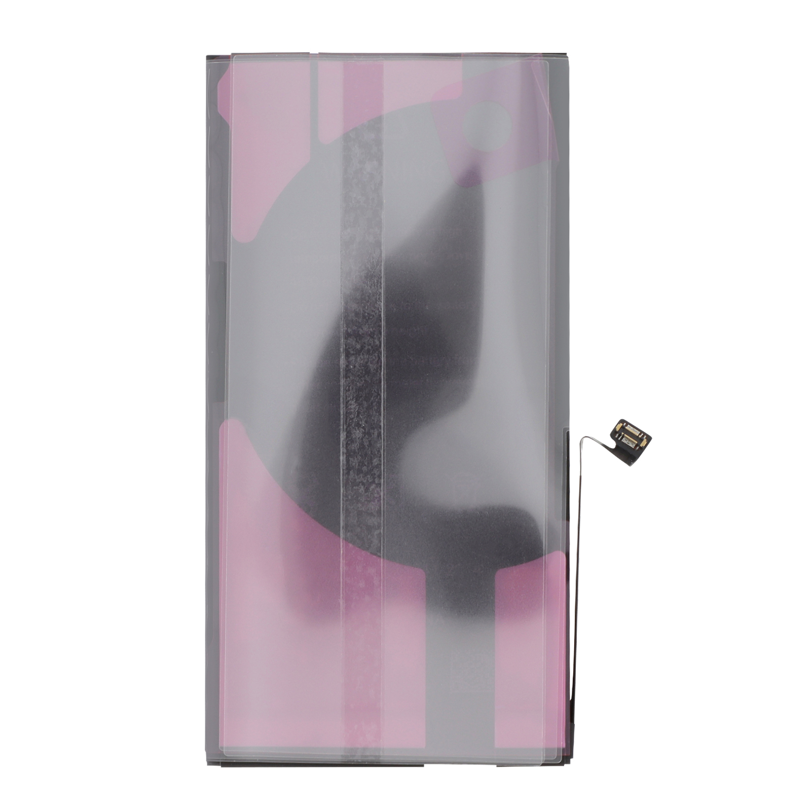 Una batteria rettangolare con strisce adesive rosa e un piccolo cavo di collegamento nero.