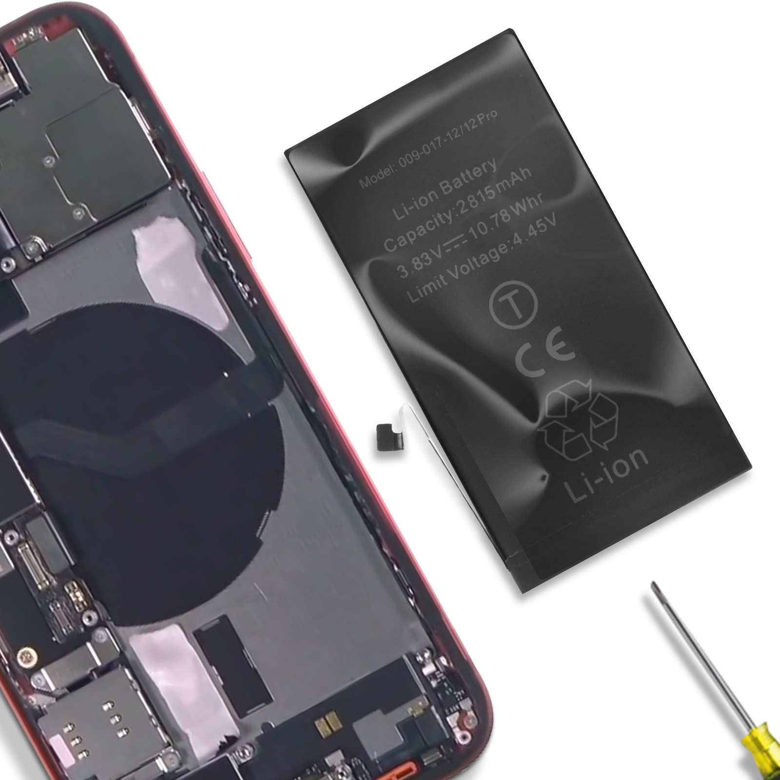 Smartphone smontato con batteria agli ioni di litio, cacciavite e piccole parti.