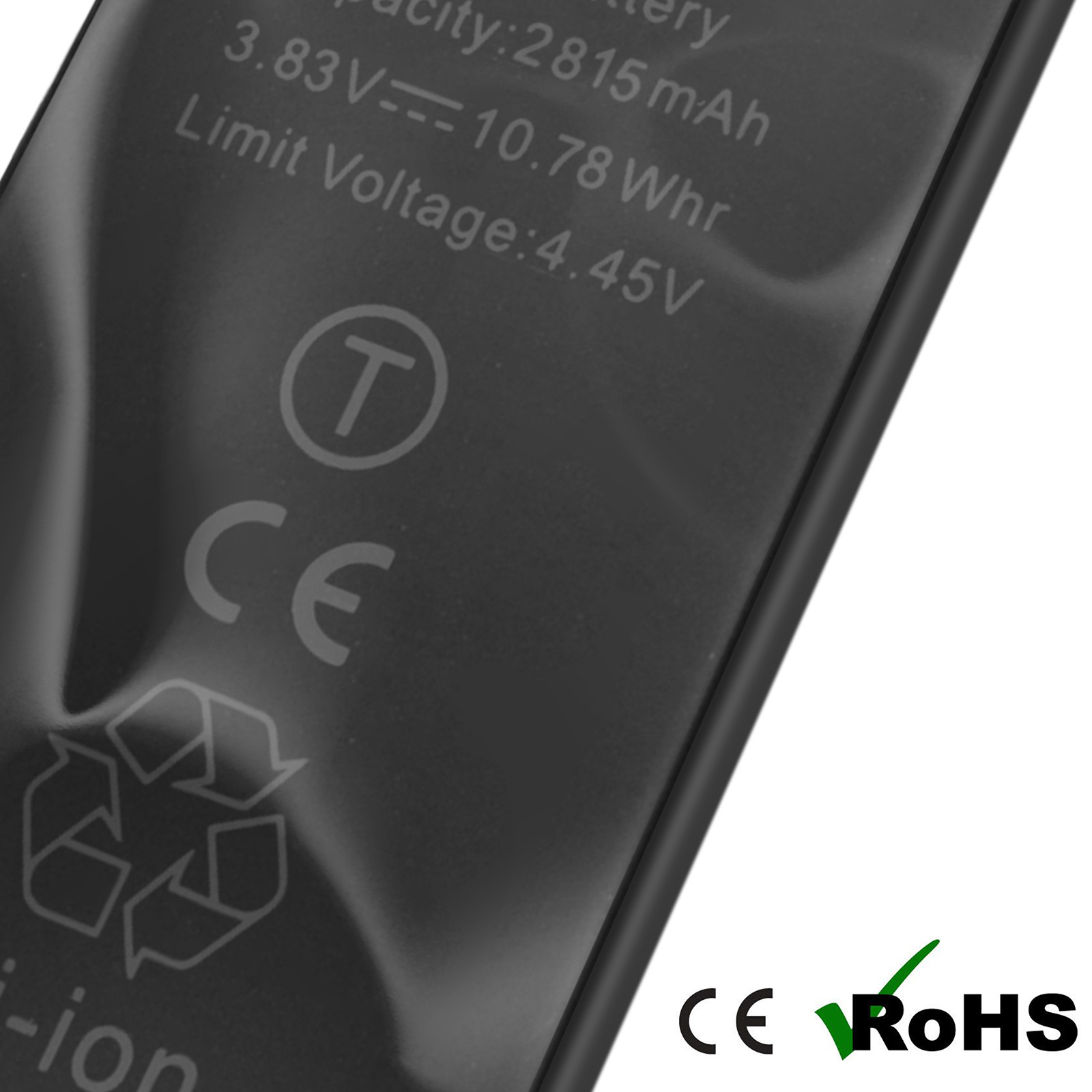 Batteria nera con simboli CE, RoHS e riciclo e specifiche tecniche.