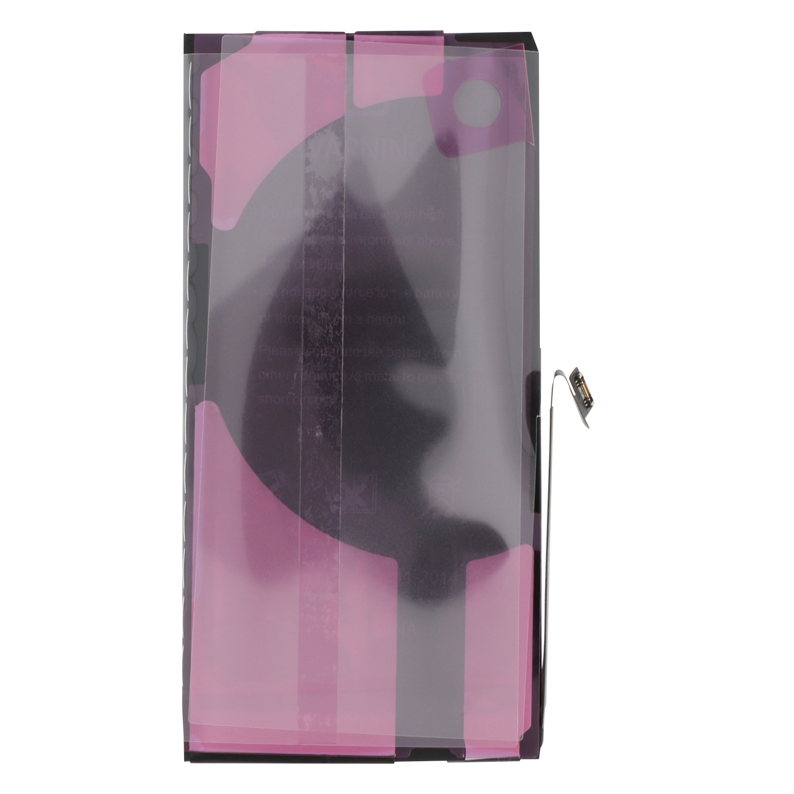 Una batteria nera con pellicola rosa e viola e una piccola parte metallica.